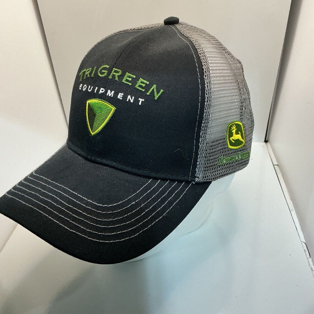 John Deere TriGreen Equipment Mesh Trucker Hat Snapback Black Gray Embroidered